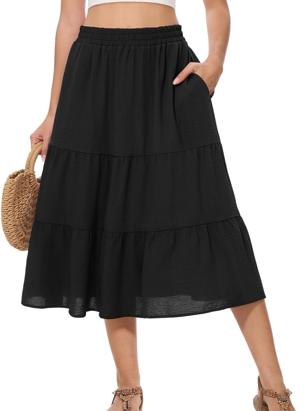 Women's Black Tiered Midi Skirt with Elastic Waist